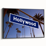Black and white framed canvas of the Hollywood, California landscape in a vintage poster style, ideal for bedroom wall decor.