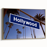 Framed canvas featuring a vintage-style landscape painting of the Hollywood, California hills in black and gold.