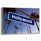 Framed canvas featuring a vintage-style landscape art painting of Hollywood, California.