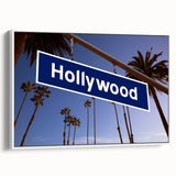 Framed canvas vintage poster art depicting colorful Hollywood, California scenery, ideal for living room decor.