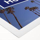 Art deco poster of Hollywood, California scenery in pastel shades on rolled canvas, suitable for dining room wall art.