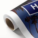 Art Deco poster of Hollywood, California scenery on rolled canvas in pastel shades, ideal for nursery wall art.