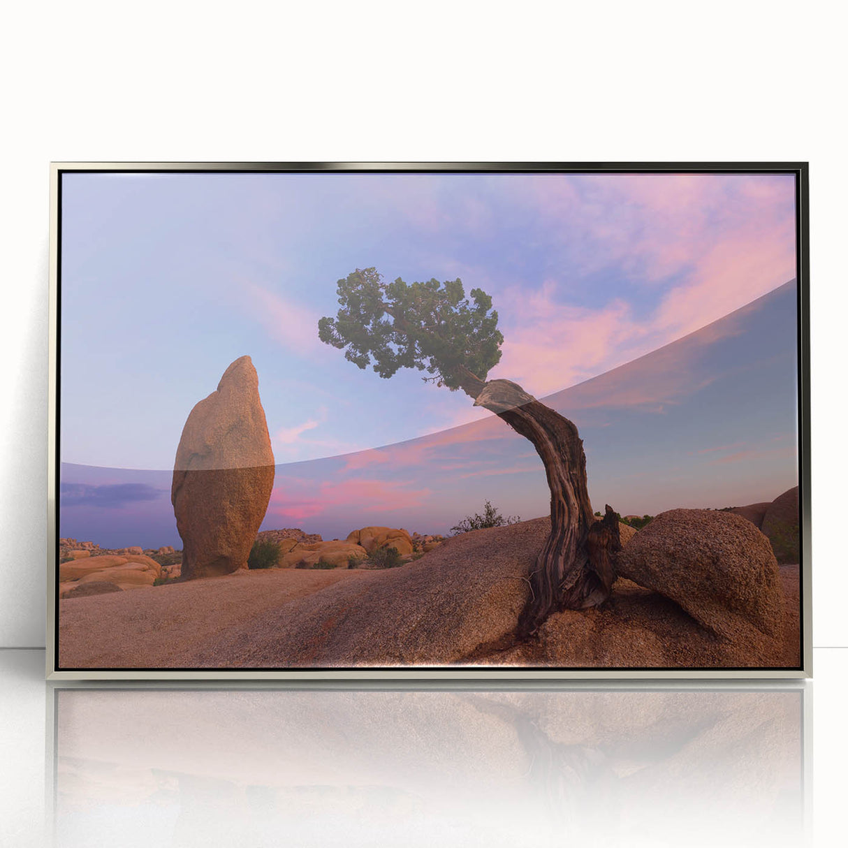 Mid-century modernist art of Joshua Tree in muted earth tones, framed acrylic, ideal for modern art wall decor.