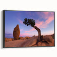 Black and white framed canvas of Joshua Tree landscape, ideal for bedroom wall decor.