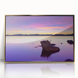 Framed acrylic print of Lake Tahoe with a mid-century modernist style, featuring blue and gold tones.