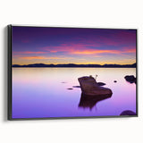 Black and white framed canvas of Lake Tahoe landscape, ideal for bedroom wall decor.