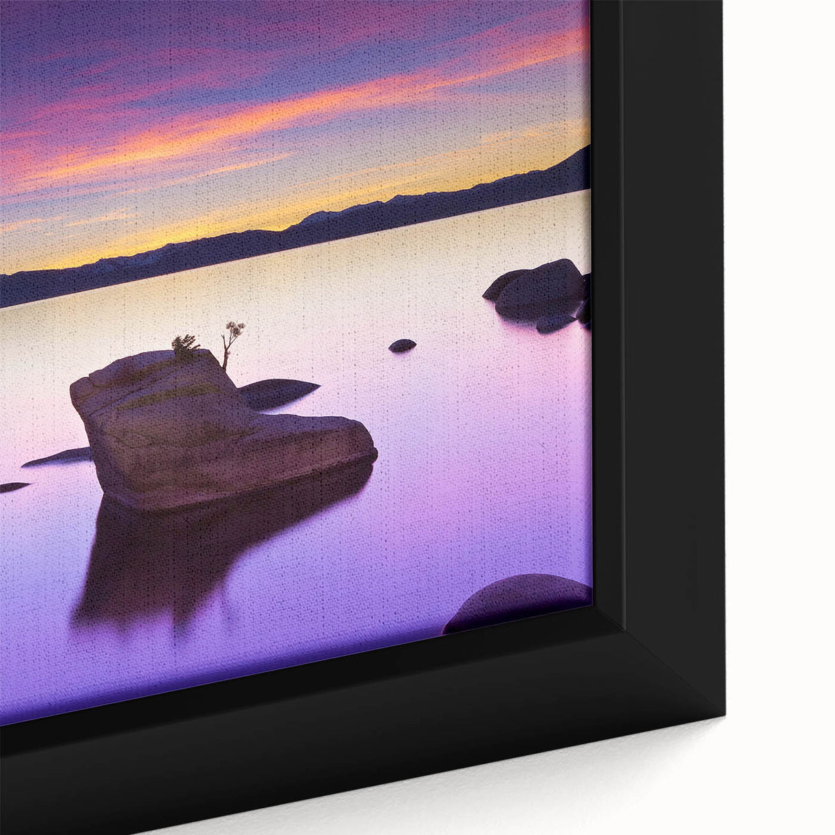 Framed canvas of Lake Tahoe with textured, colorful art, primarily black, ideal for extra large living room wall decor.