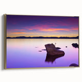 Framed canvas wall art featuring a vintage-style Lake Tahoe landscape in muted blue and green tones, ideal for bedroom decor.