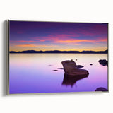 Framed canvas landscape art painting depicting Lake Tahoe with a vintage poster style in vibrant blue and green tones.