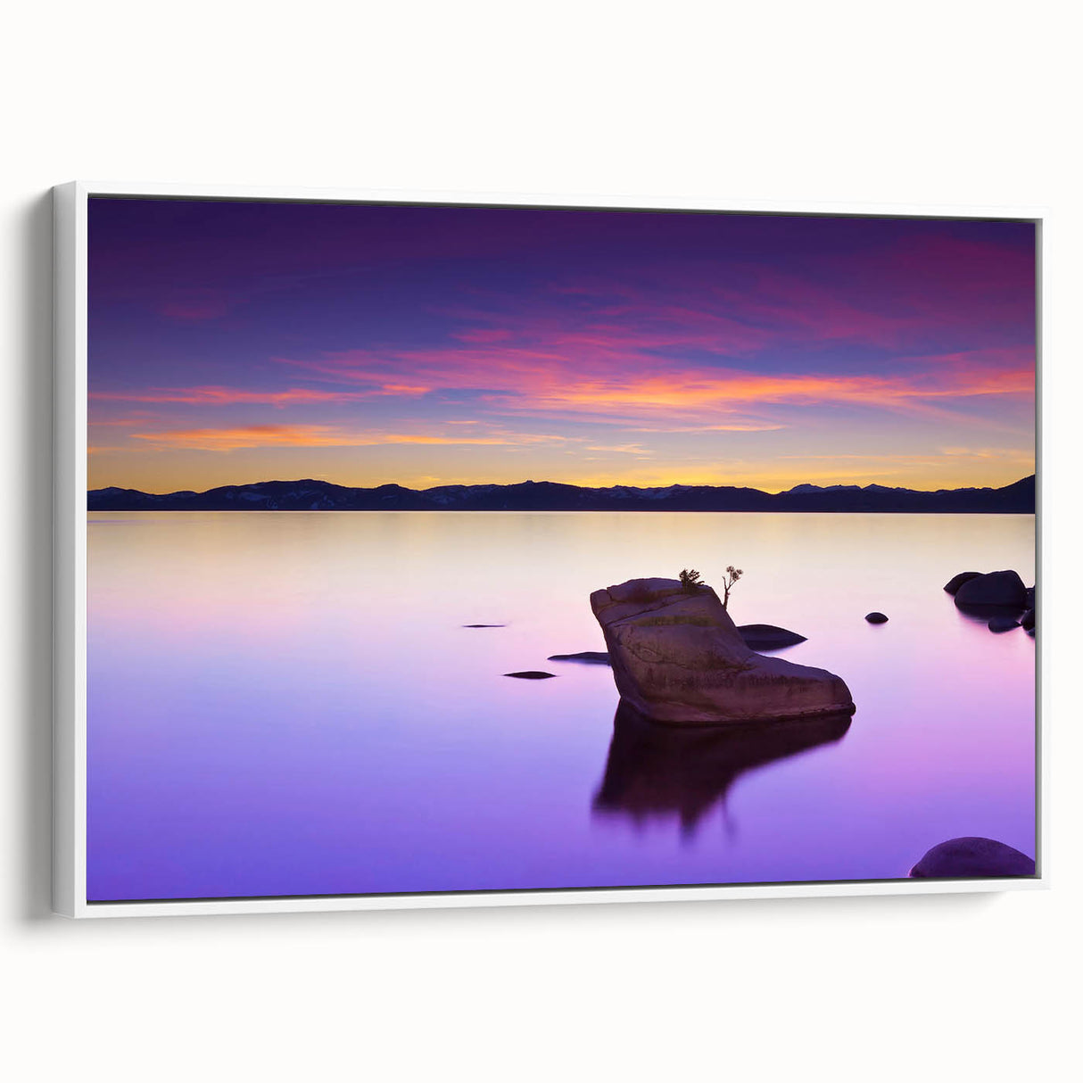 Framed canvas of vintage poster art depicting Lake Tahoe with colorful palette, ideal for living room decor.