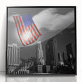 Large abstract wall art depicting the Los Angeles skyline in muted gray and blue tones, framed in black acrylic.