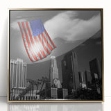 Acrylic print of Los Angeles skyline with muted gold tones, framed in gold, suitable for modern art wall decor.