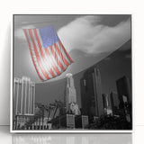Acrylic print of Los Angeles skyline in art deco style, framed in white, suitable for modern nursery decor.