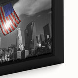 Extra large framed canvas featuring a textured depiction of the Los Angeles skyline in black with vibrant color accents.