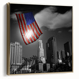 Framed canvas depicting Los Angeles landscape in silver and gold tones, ideal for bedroom wall art.