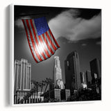 Vintage poster art of Los Angeles skyline in colorful hues on extra large framed canvas, ideal for living room decor.