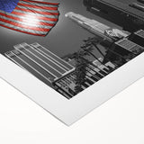 Art deco poster of Los Angeles skyline in pastel shades on rolled canvas, suitable for dining room wall art.