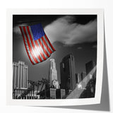 Los Angeles skyline in muted gray and blue tones on a rolled canvas, suitable for dining room wall art.