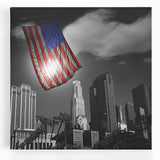 Black and white photograph of Los Angeles skyline on stretched canvas, ideal for kitchen wall art.