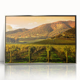 Mid-century modernist art depicting California's Napa Valley in muted earth tones on a framed acrylic print.