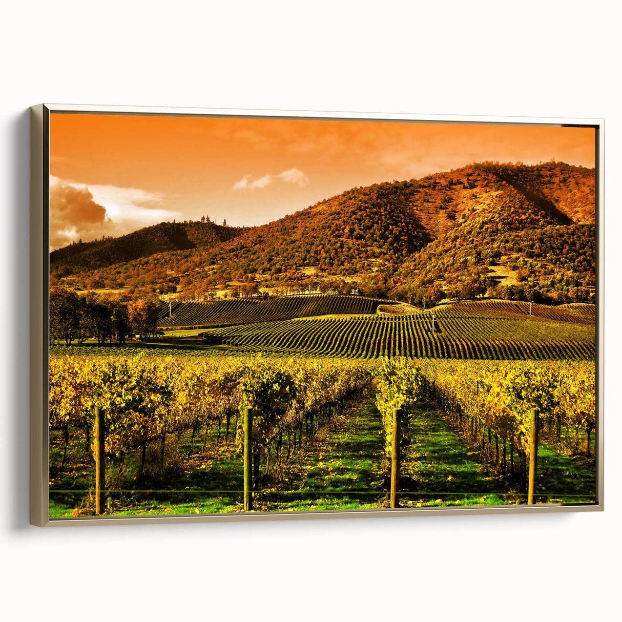 Framed canvas wall art depicting a vintage-style Napa Valley landscape in muted earth tones, ideal for bedroom decor.