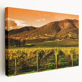 Panoramic view of Napa Valley on stretched canvas, with rich green and earth tones, ideal for kitchen wall art.