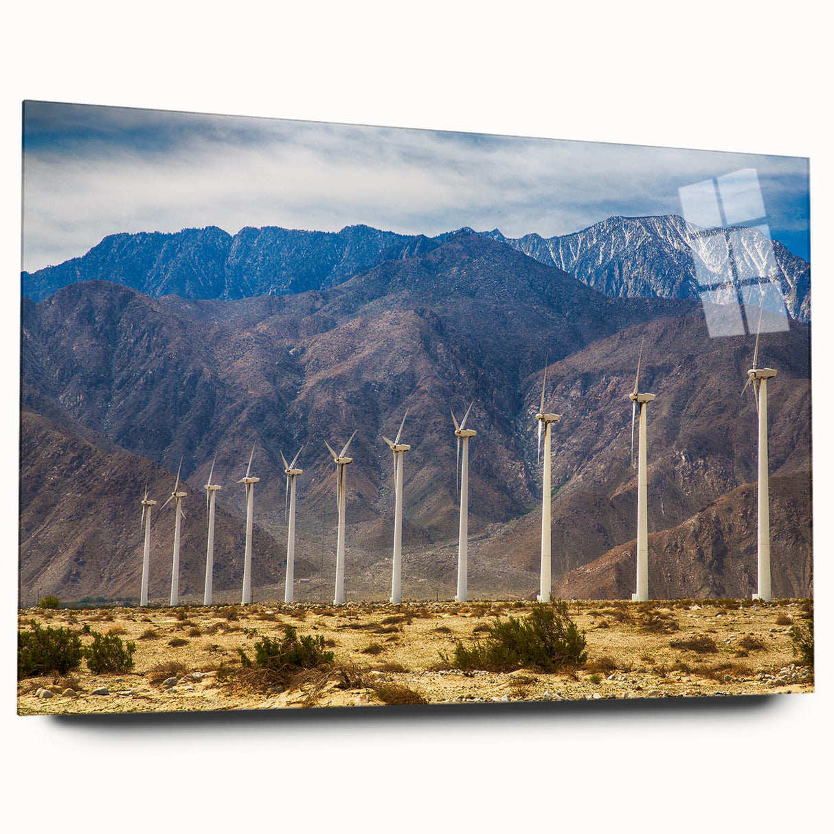 Palm Springs landscape in muted earth tones on large acrylic glass, suited for bedroom or dining room decor.