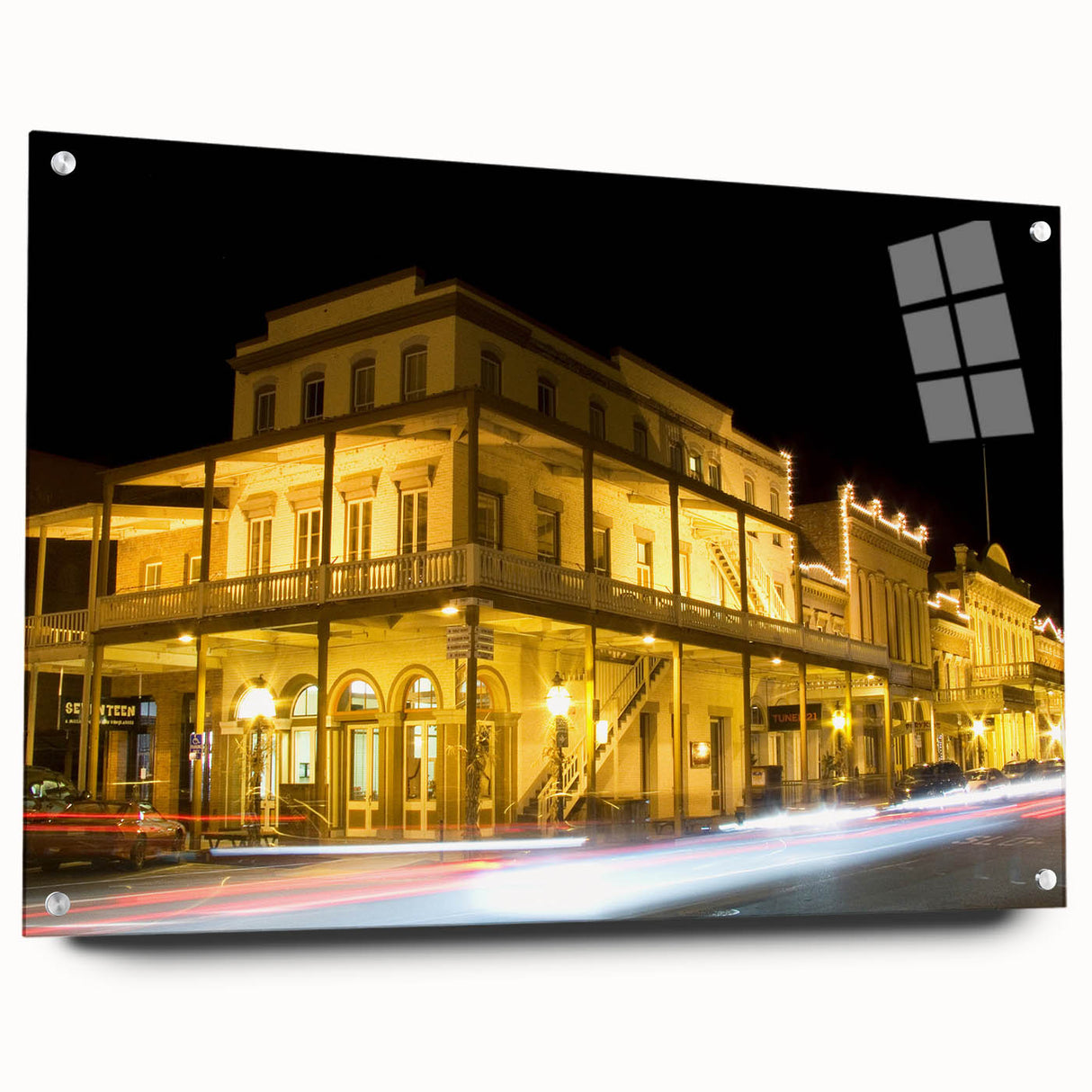 Acrylic print of Sacramento scenery with vivid blues and greens, ideal for dining room decor.