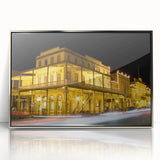 Mid-century modernist art of Sacramento skyline in silver acrylic frame, ideal for modern art wall decor.