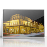 Art Deco style poster of Sacramento skyline in muted gray and blue tones, acrylic framed print.