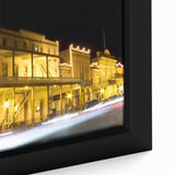 Extra large framed canvas featuring a textured depiction of Sacramento's skyline in black with colorful accents.