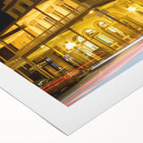 Art deco poster of Sacramento skyline in muted gold and blue tones on rolled canvas, suitable for dining room wall art.