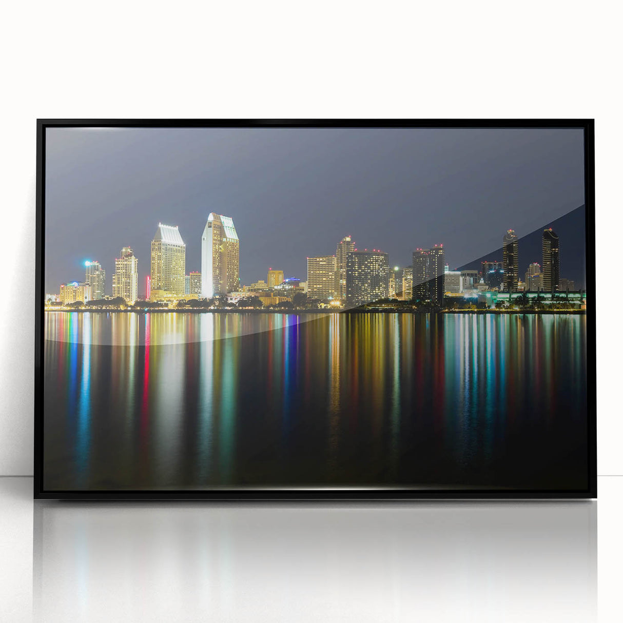 Large abstract wall art depicting the San Diego skyline in muted blue tones on a framed acrylic panel.