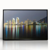 Large abstract wall art depicting the San Diego skyline in muted blue tones on a framed acrylic panel.