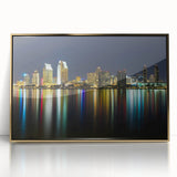 Acrylic print of San Diego skyline in gold tones, framed, mid-century modernist style, suitable for modern decor.