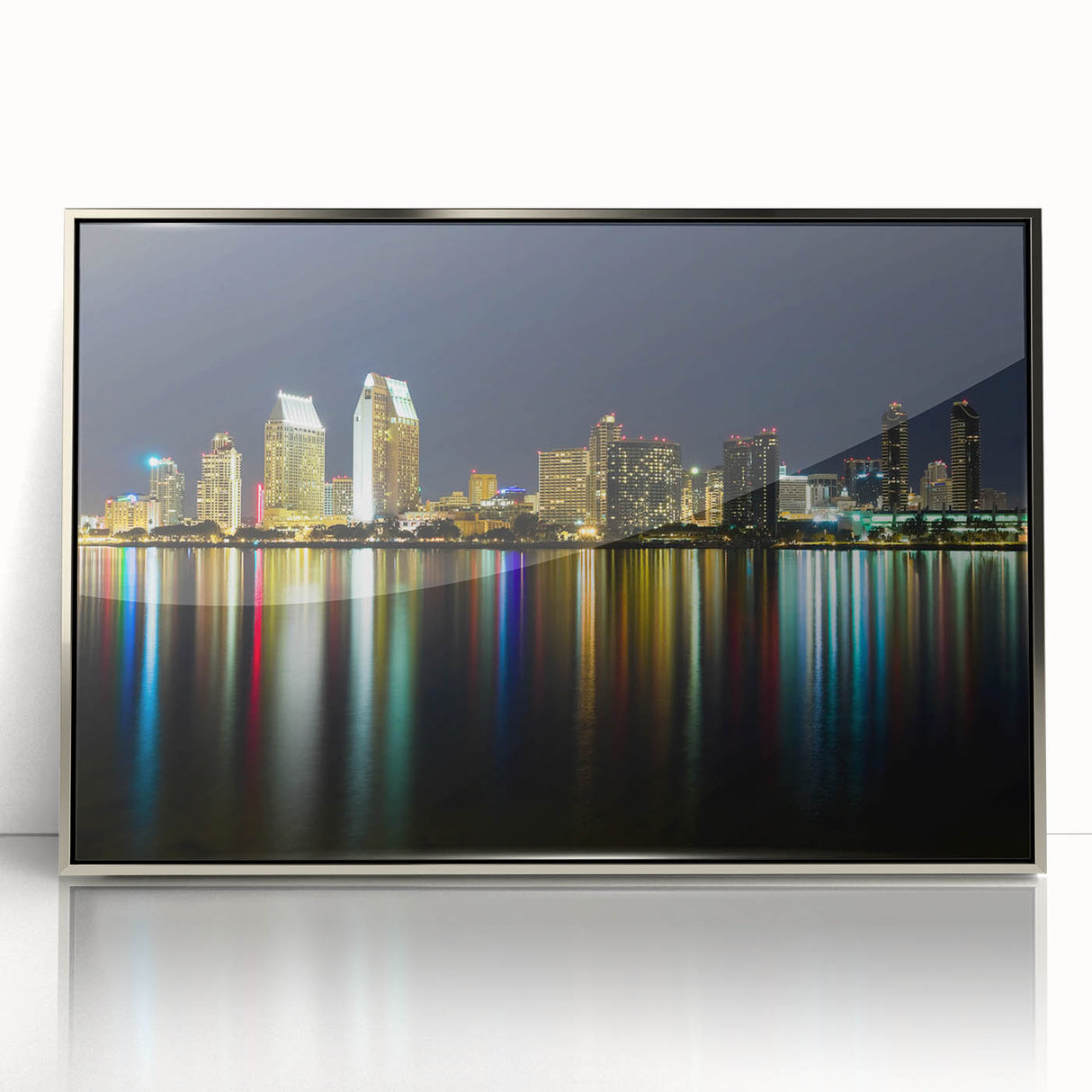 Mid-century modernist art depicting San Diego skyline in muted blue tones on a framed acrylic print.