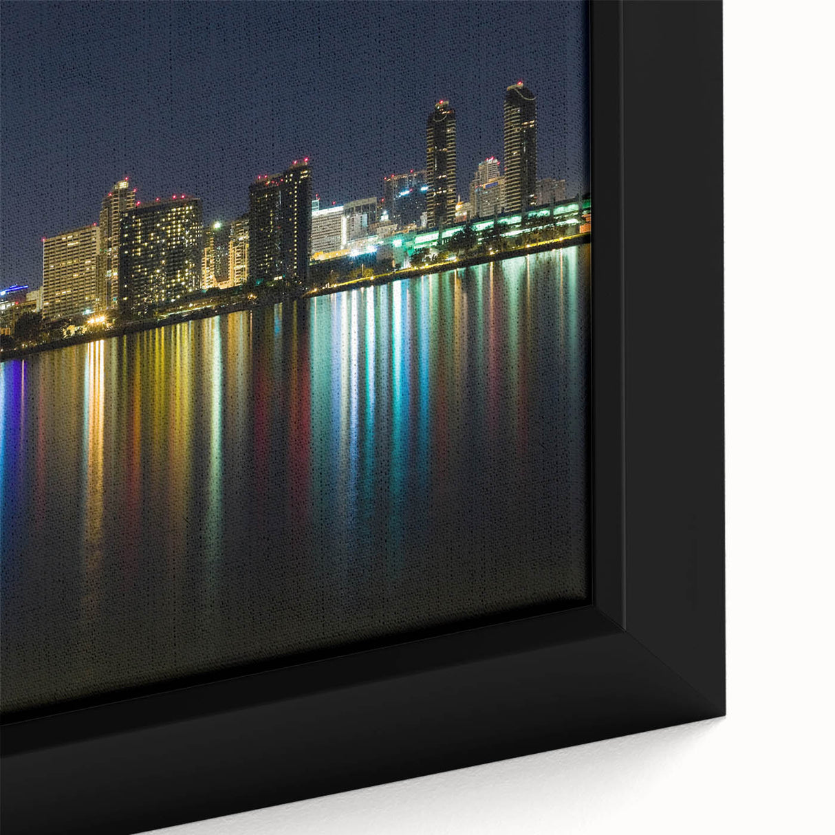 Extra large framed canvas of a textured San Diego scenery in black with colorful accents, ideal for living room decor.