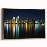 Framed canvas wall art depicting a vintage-style San Diego landscape in black and gold tones, ideal for bedroom decor.