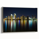 Framed canvas featuring a vintage-style landscape art painting of San Diego, with vibrant colors on a black background.