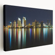 Panoramic view of San Diego skyline on a large stretched canvas, featuring muted blue and gray tones.
