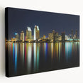 Panoramic view of San Diego skyline on a large stretched canvas, featuring muted blue and gray tones.