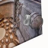 Large abstract depiction of San Francisco skyline in muted blue and gray hues on acrylic glass, ideal for dining room art.