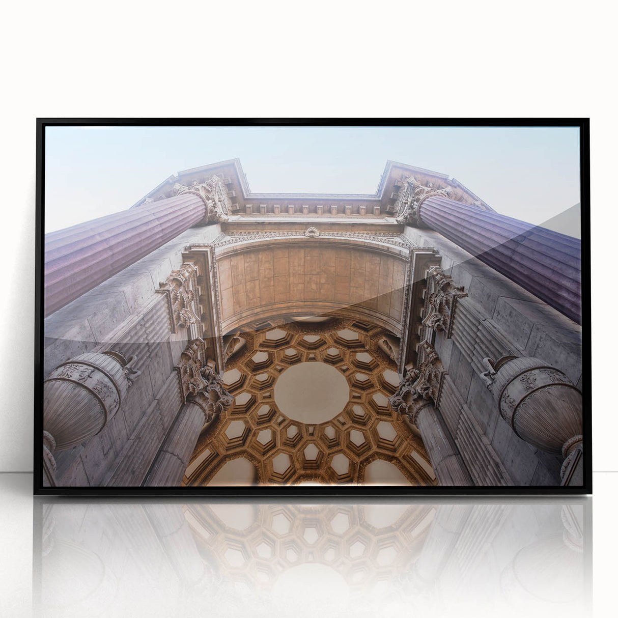 Large abstract wall art depicting San Francisco's skyline in muted gray tones on black framed acrylic.