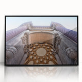 Large abstract wall art depicting San Francisco's skyline in muted gray tones on black framed acrylic.