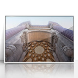 Art deco poster of San Francisco skyline in muted gray and blue tones, framed acrylic, ideal for modern art wall decor.