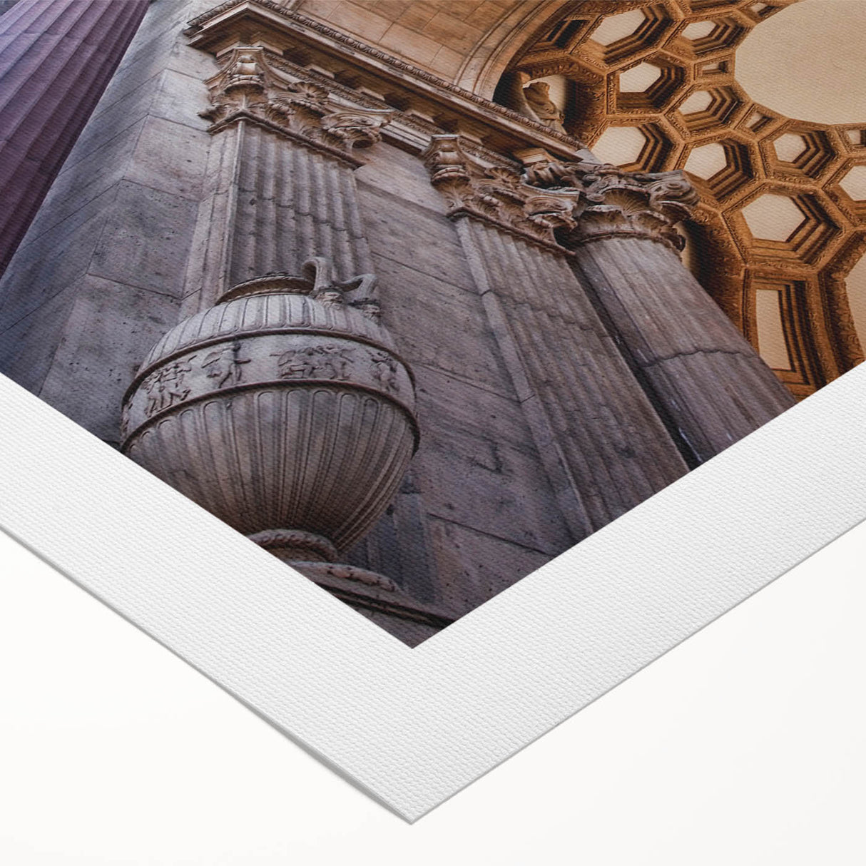 Art deco poster of San Francisco skyline in muted gold and blue tones on rolled canvas, suitable for dining room wall art.