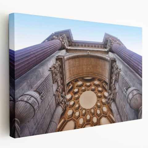 San Francisco skyline on stretched canvas, featuring muted blue and gray tones, suitable for kitchen wall art.
