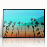 Large abstract wall art depicting Santa Barbara scenery in mid-century modern style, vibrant hues on black framed acrylic.