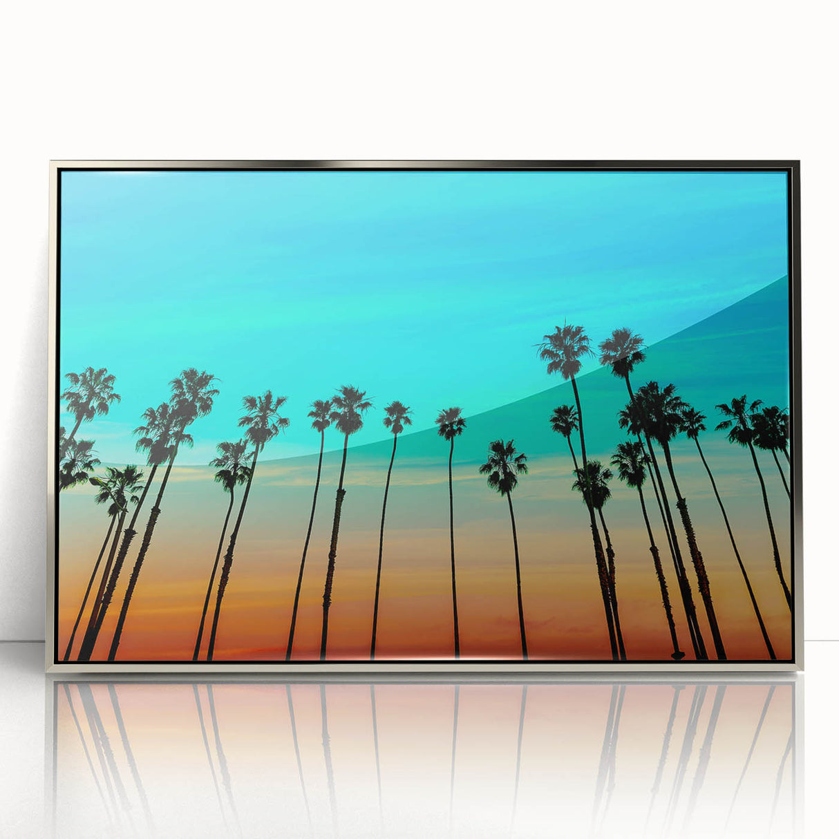 Mid-century modernist art of Santa Barbara landscape in muted earth tones on a silver-framed acrylic print.