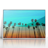 Art deco poster of Santa Barbara scenery in muted pastel shades, framed in white acrylic.